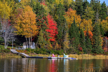 Bright autumn foliage along a river in rural Prince Edward Island.