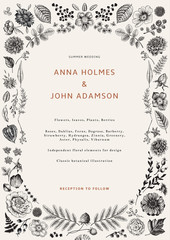 Wedding invitation. Summer flowers, leaves and berries. Vector botanical illustration. Independent elements for design. Black and white