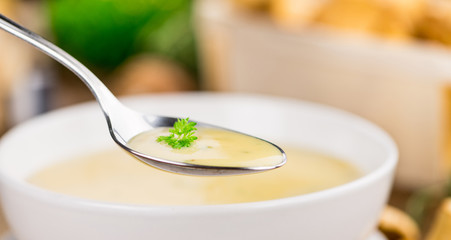 Portion of Chanterelle Soup, selective focus