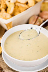 Creamy Chanterelle Soup close-up shot, selective focus