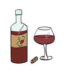 Red wine bottle and cork, with a glass half full of red wine.