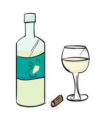 White wine bottle and cork, with a glass half full of white wine.