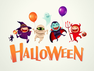 Happy Halloween! Halloween Kids Costume Party. Group of kids in Halloween costume.