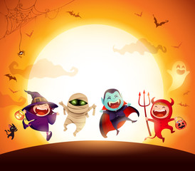 Fototapeta premium Halloween Kids Costume Party. Group of kids in Halloween costume jumping in the moonlight.