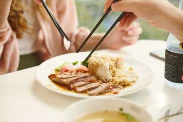 Close up portrait young woman for the table in cafe with daylight