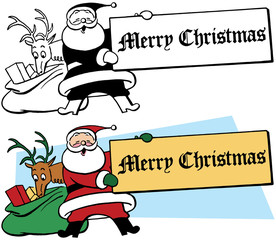 Santa Claus holds up a sign that reads Merry Christmas