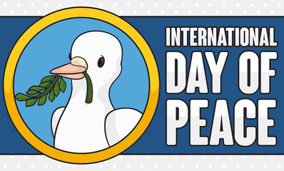 Dove with Branch inside Button for International Day of Peace, Vector Illustration