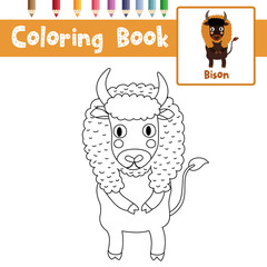 Coloring page of Bison standing on two legs animals for preschool kids activity educational worksheet. Vector Illustration.