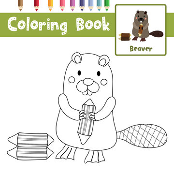 Coloring page of Standing Beaver holding a log animals for preschool kids activity educational worksheet. Vector Illustration.
