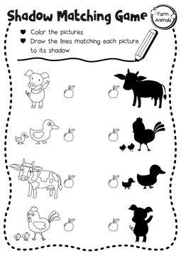 Shadow matching game of farm animals for preschool kids activity worksheet layout in A4 coloring printable version. Vector Illustration.