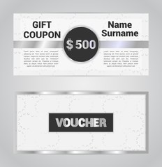 Voucher template, gift coupon, discount banner, silver, metallic decoration, geometric background. Vector illustration