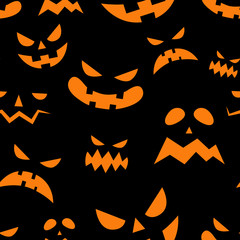 Seamless pattern with orange halloween pumpkins carved faces silhouettes on black background. Can be used for scrapbook digital paper, textile print, page fill. Vector illustration