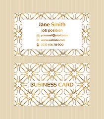 Two sided business card with golden, metallic decoration on white background.Vector template for business, invitation, wedding, banner , flyer or greeting cards.