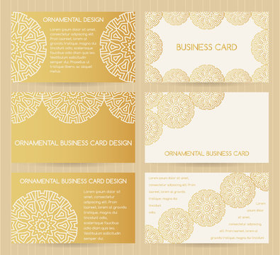 Business cards 3.5 x 2 inch size set. Golden mandala decoration. Eastern, oriental, muslim, arabic, japanese, islamic style. Vector editable design templates.