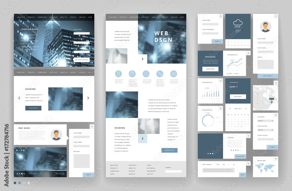 Wall mural website template design with interface elements