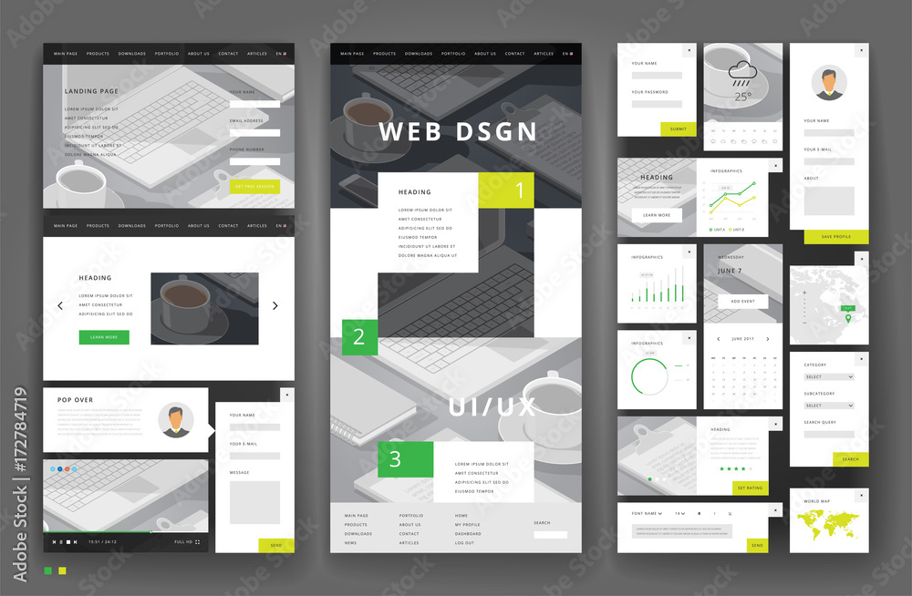Poster website template design with interface elements
