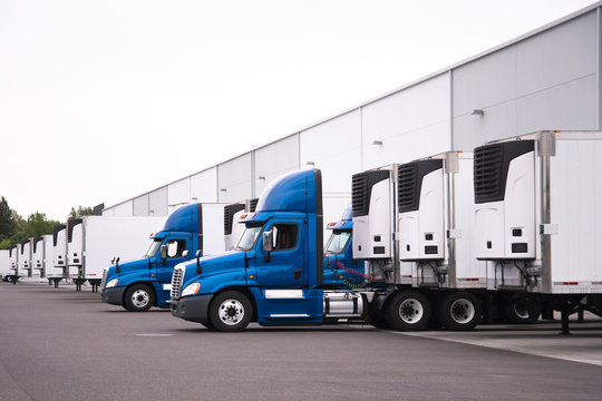 Blue semi trucks and semi trailers stand in row hardly near the warehouse gate under loading and unloading process