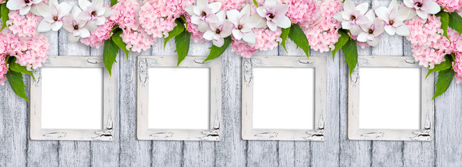 Photo frames with magnolia flowers, roses and hortensia