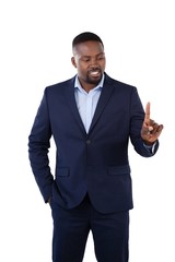 Classy businessman pointing his finger while talking