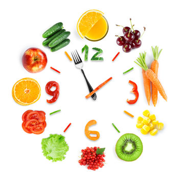 Food clock with fresh fruits and vegetables