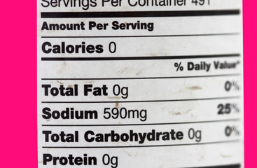 Salt ingredients and label indicating zero gram fat
