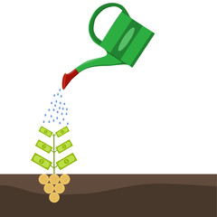 Watering can watering a tree with money