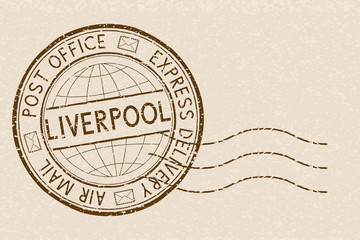 Obraz premium Postal stamp, round brown Express delivery postmark. LIVERPOOL. Vector illustration on beige background