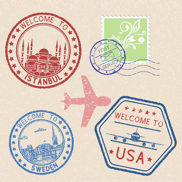 Decorative colored WELCOME stamps and postal elements