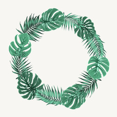 Green summer tropical border frame wreath with exotic jungle palm tree and mostera leaves. Isolated vector design element on light beige background. Placeholder for text. - 172787720