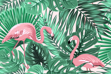 Tropical seamless pattern texture with exotic green palm jungle tree monstera leaves and pink flamingo birds couple. Vector design illustration for background, decoration, fashion, fabric, textile. © imaginarybo