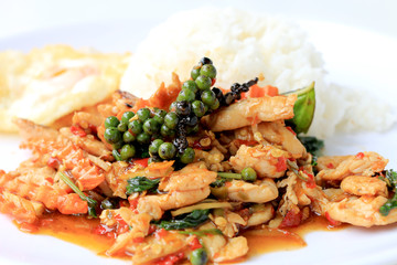 stir fried chicken with roasted chili paste and fresh Piper nigrum on jasmine rice in white plate on white background. Thai style food.