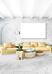 Modern bedroom yellow sofa luxury minimal style Interior loft design with eclectic wall. 3D Rendering.
