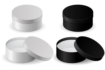 Round shiny box. Black and white set of open boxes with lids