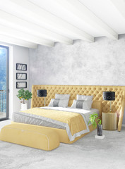 White bedroom minimal style Interior design with wood wall and grey sofa. 3D Rendering.