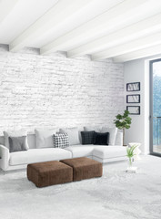White bedroom minimal style Interior design with wood wall and grey sofa. 3D Rendering.