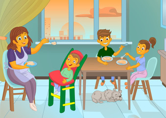 Nanny in the kitchen is feeding the child and family