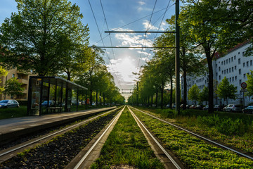 tram tracks in downtown berlin - obrazy, fototapety, plakaty
