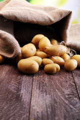 Pile of potatoes lying on wooden boards. Fresh potato