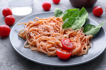 Delicious pasta with tomato sauce on plate