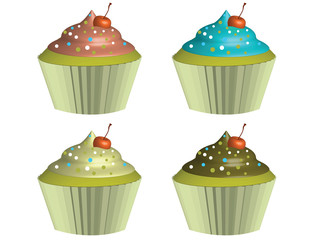 Set of Four Cupcakes with Frosting and a Cherry on Top!