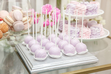 Dessert stand with tasty cake pops for wedding
