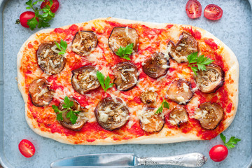 Vegetarian pizza with eggplant and tomato sauce, top view