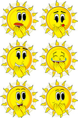 Cartoon sun with hands over mouth. Collection with happy faces. Expressions vector set.