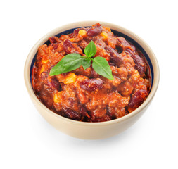 Chili con carne in bowl on white background
