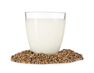 Glass with hemp milk isolated on white