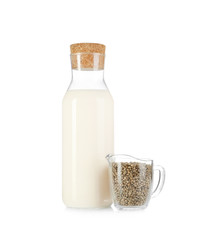 Bottle with hemp milk isolated on white