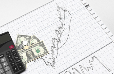 investment 3D illustration and calculator with money.