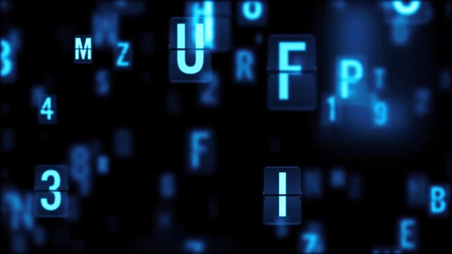 Abstract background. The camera flies past a large number of letters on a black background, some of them in defocus. Characters flying in 3D space. Loopable animation. 3d render.