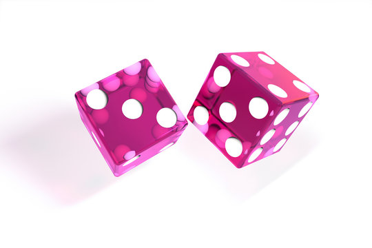 3d illustration: quality rendering image of transparent pink rolling dices with dots. The cubes in the cast. throws. On white background isolated. High resolution. Realistic shadows. 
