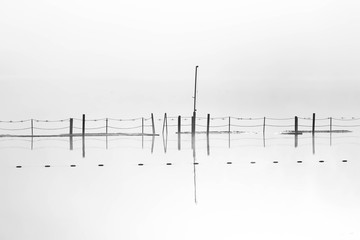 a flooded lake pier with water reflections in minimalistic black and white